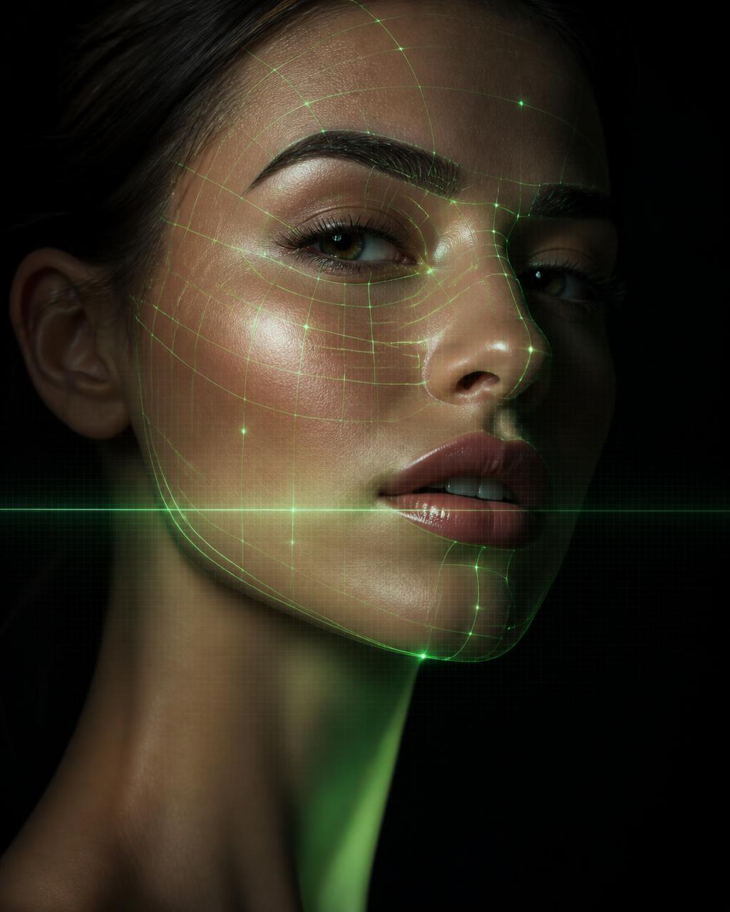 Retrato com malha facial luminosa representando a análise SKINORA